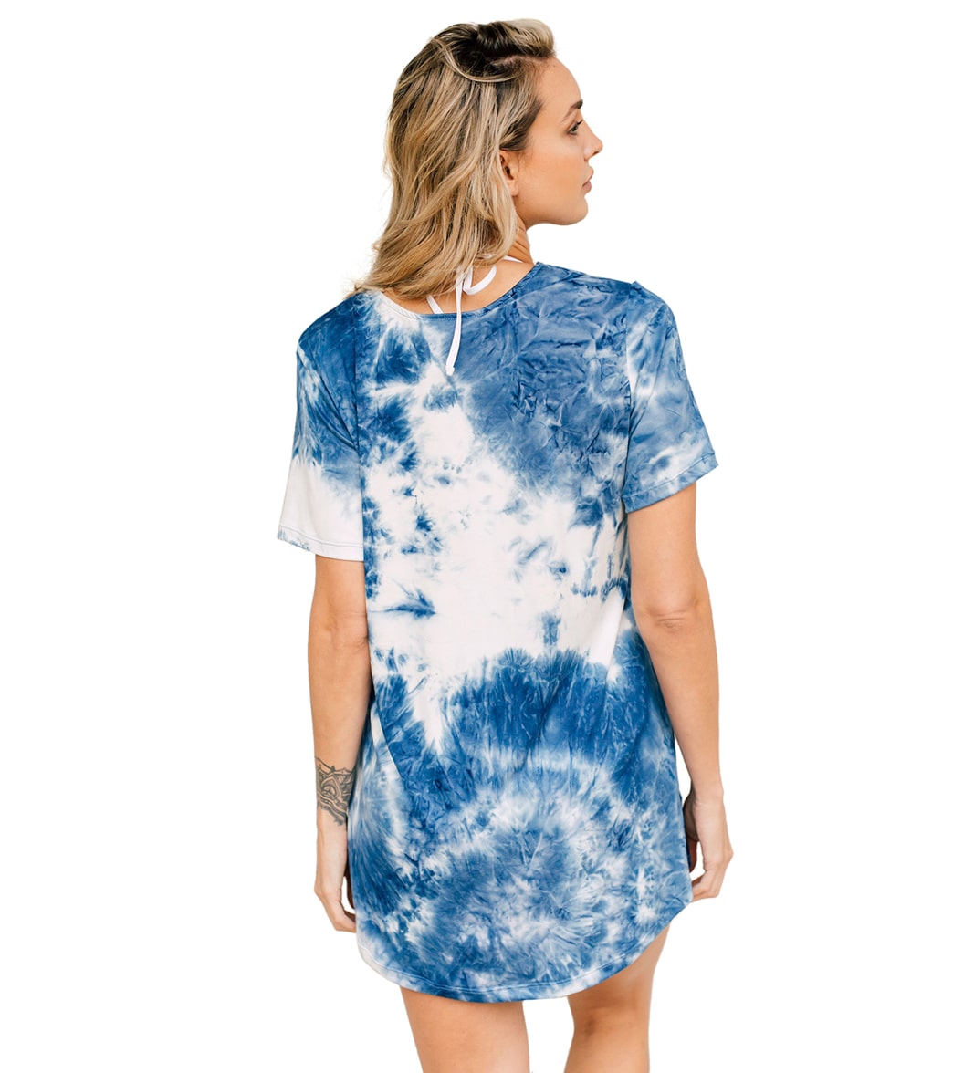 J.Valdi Women's Tie Dye Short Sleeve Lace Neck Tunic Cover Up