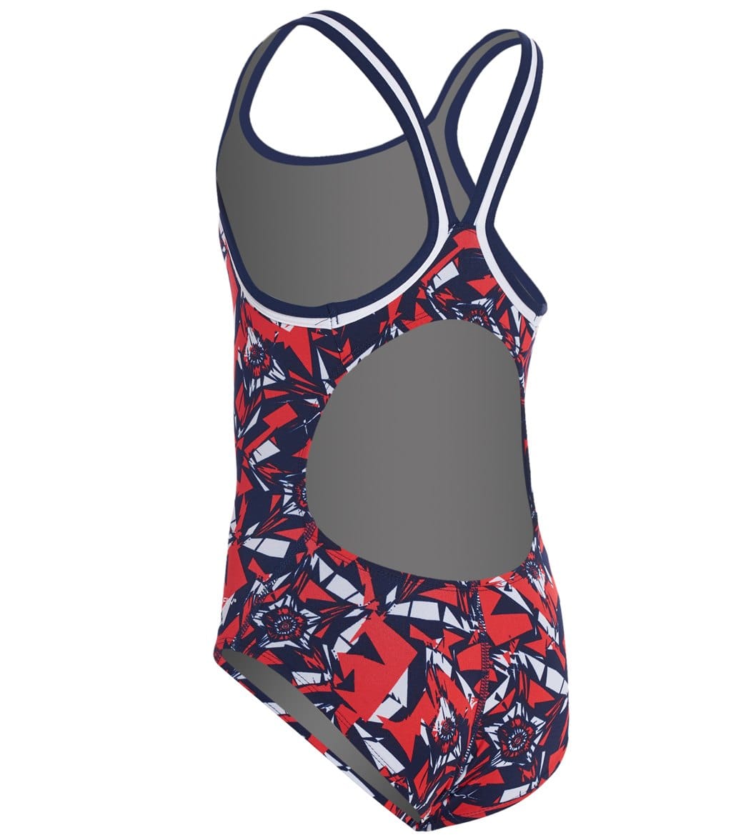 Dolfin Girls' Reliance Ion DBX V-Back One Piece Swimsuit Red/White/Blue