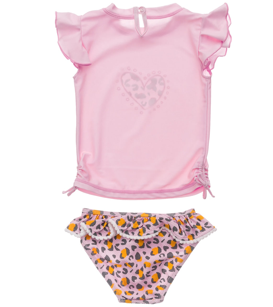 Snapper Rock Girls' Leopard Love Short Sleeve Two Piece Ruffle Rash Guard Set (Baby, Toddler) Pink