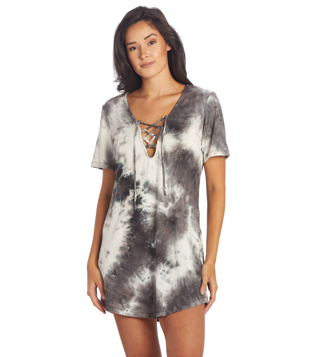 J.Valdi Women's Tie Dye Short Sleeve Lace Neck Tunic Cover Up Charcoal