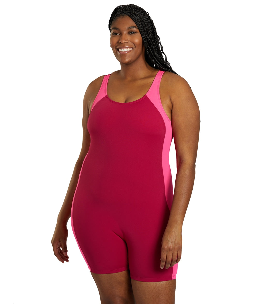 Sporti Plus Size HydroLast Chlorine Resistant Splice Scoop Back Unitard One Piece Swimsuit Bordeaux/Peony