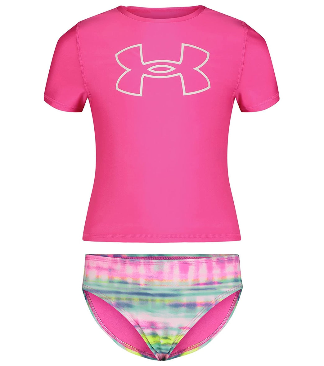 Under Armour Girls' UA Stripe Dash Two Piece Rashguard Set (Baby) Rebel Pink