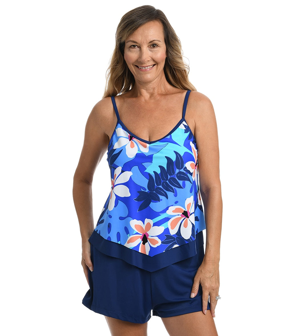 Maxine Women's Aloha Orchid Flutter Tankini Top Navy