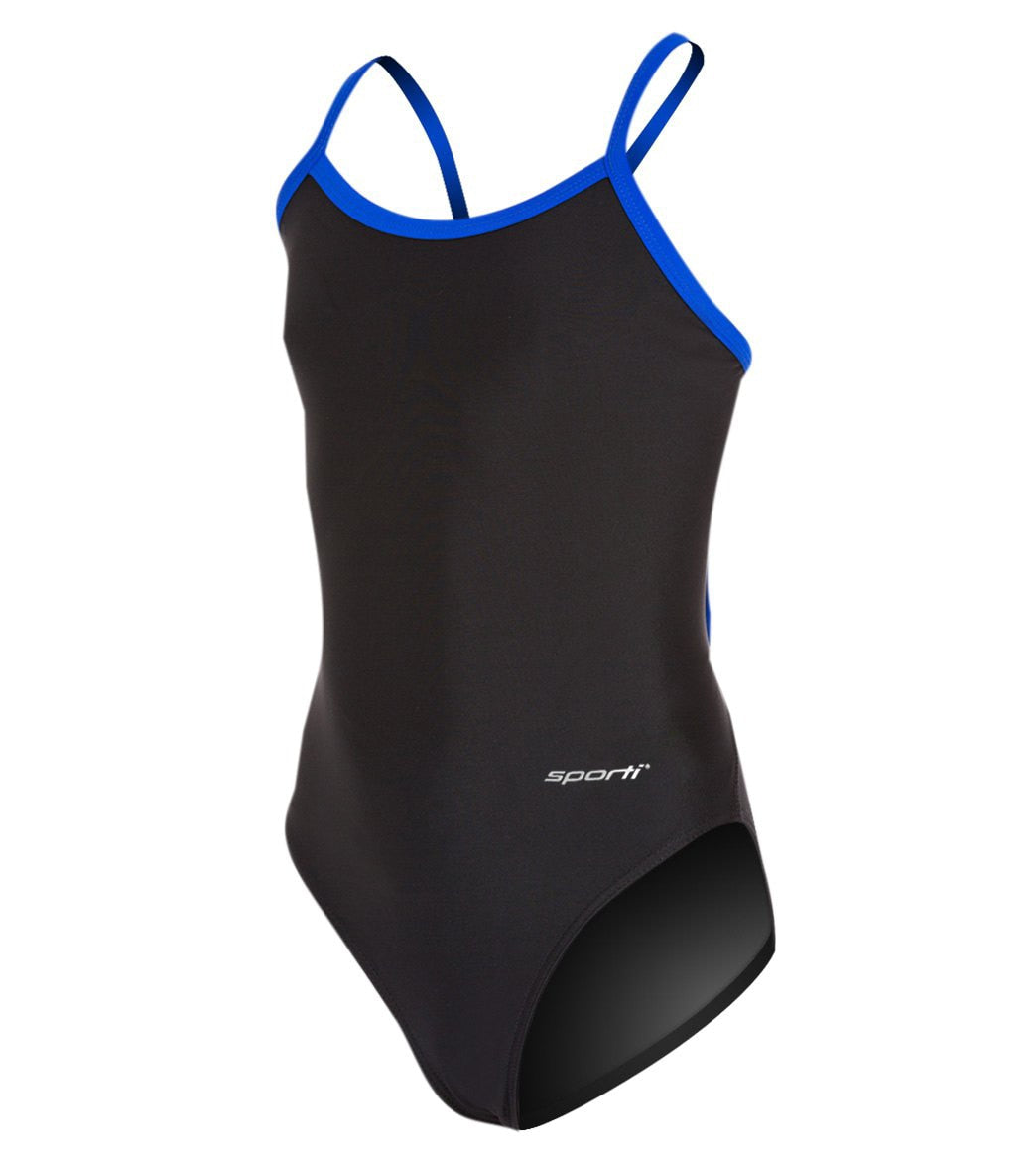 Sporti Solid Piped Thin Strap One Piece Swimsuit Youth (22-28) Black/Royal