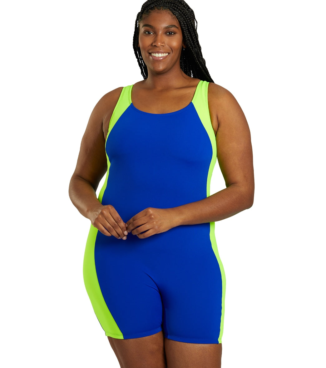 Sporti Plus Size HydroLast Chlorine Resistant Splice Scoop Back Unitard One Piece Swimsuit Cobalt Blue/Neon Lime