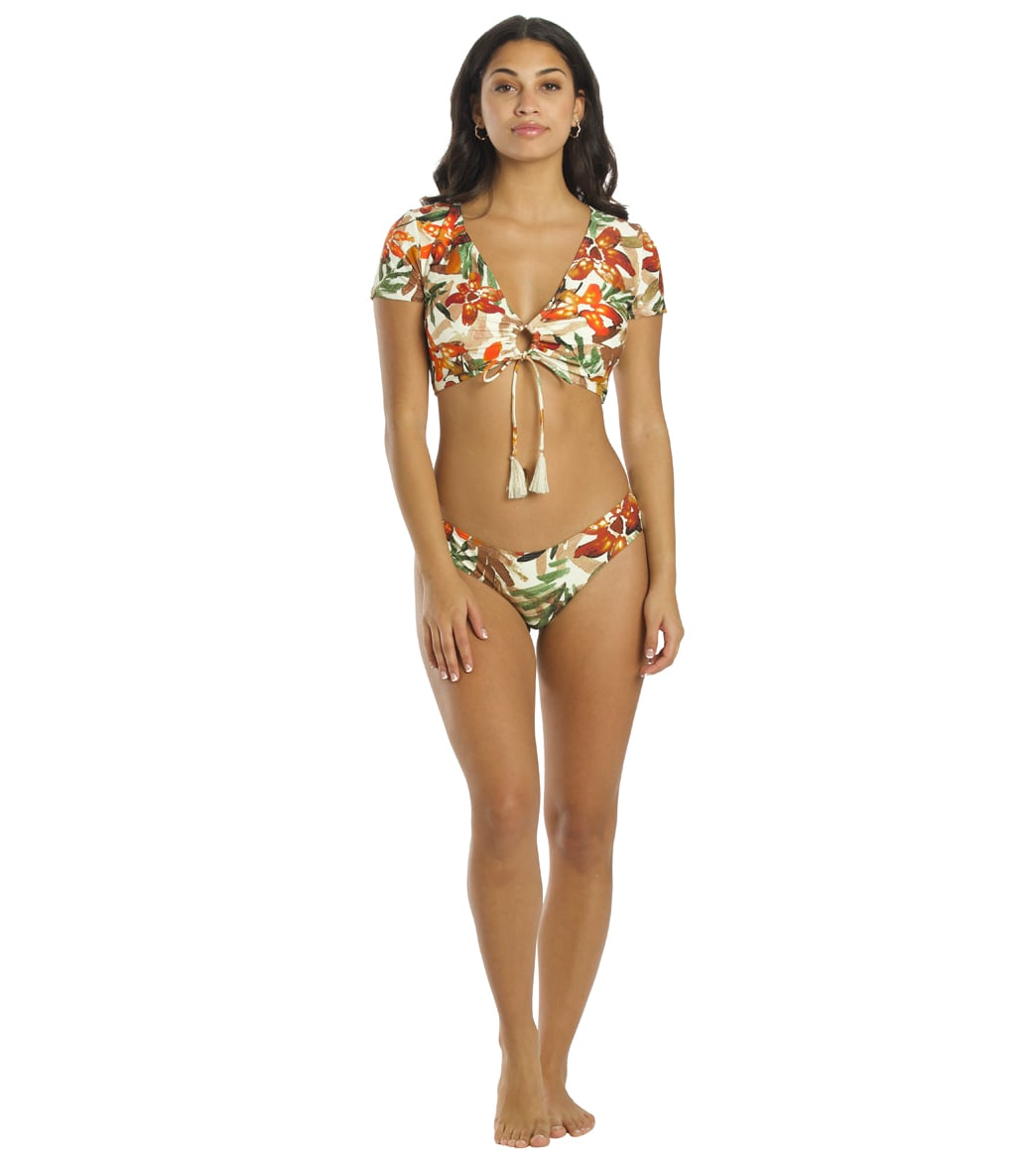 Vince Camuto Women's Seychelles Floral Cropped Short Sleeve Bikini Top Bone