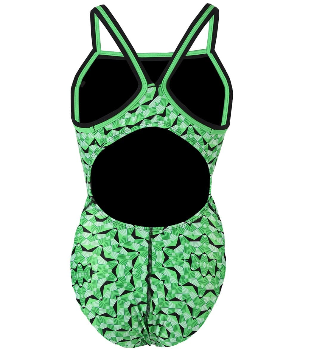 Dolfin Girls' Optik DBX Back One Piece Swimsuit Green Optik