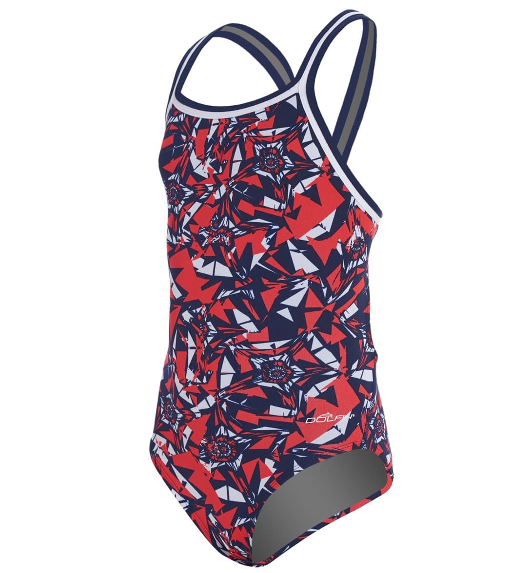 Dolfin Girls' Reliance Ion DBX V-Back One Piece Swimsuit Red/White/Blue