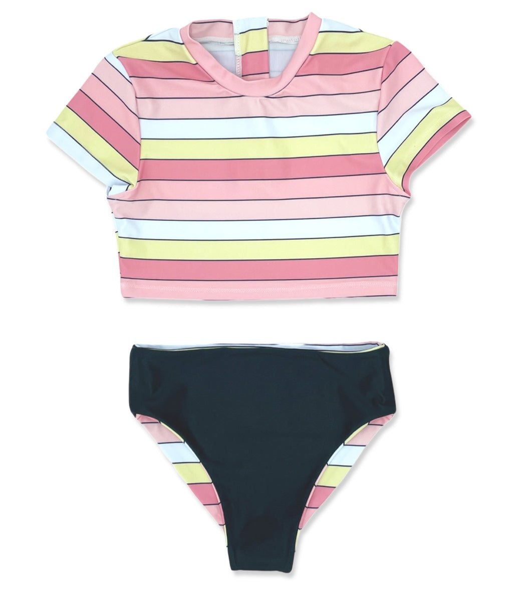 Feather 4 Arrow Girls' Reversible Two Piece Rashguard Set (Toddler, Little Kid, Big Kid) Sunset Stripe