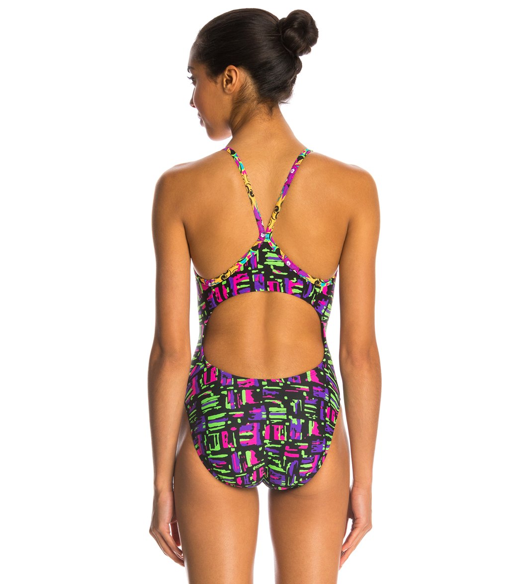 Illusions Activewear Women's Abbey Neon Print Thin Strap One Piece Swimsuit