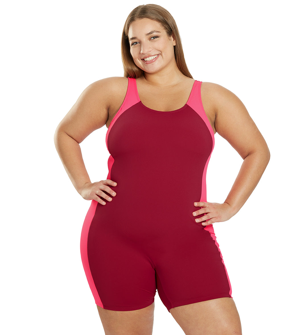 Sporti Plus Size HydroLast Chlorine Resistant Splice Scoop Back Unitard One Piece Swimsuit Bordeaux/Peony