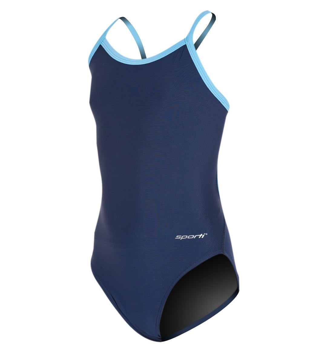 Sporti Solid Piped Thin Strap One Piece Swimsuit Youth (22-28) Navy/ Light Blue