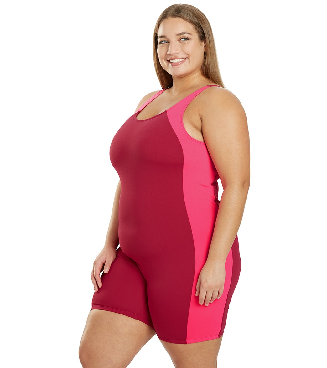 Sporti Plus Size HydroLast Chlorine Resistant Splice Scoop Back Unitard One Piece Swimsuit Bordeaux/Peony