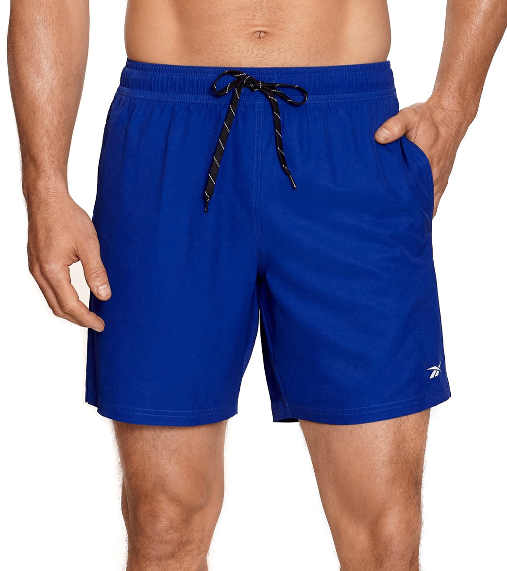 Reebok Men's Main Solid Black 7 Swim Trunks Cobalt/Black