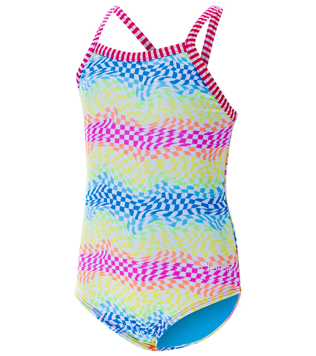 Dolfin Girls' Rainbow Check Printed One Piece Swimsuit (Little Kid) Rainbow Check