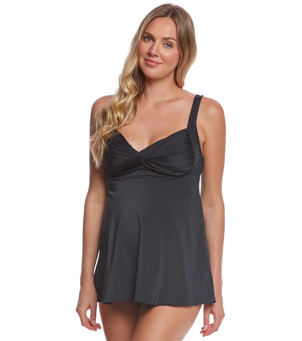 Prego Swimwear Maternity Solid Twist Baby Doll Tankini Two Piece Set Black