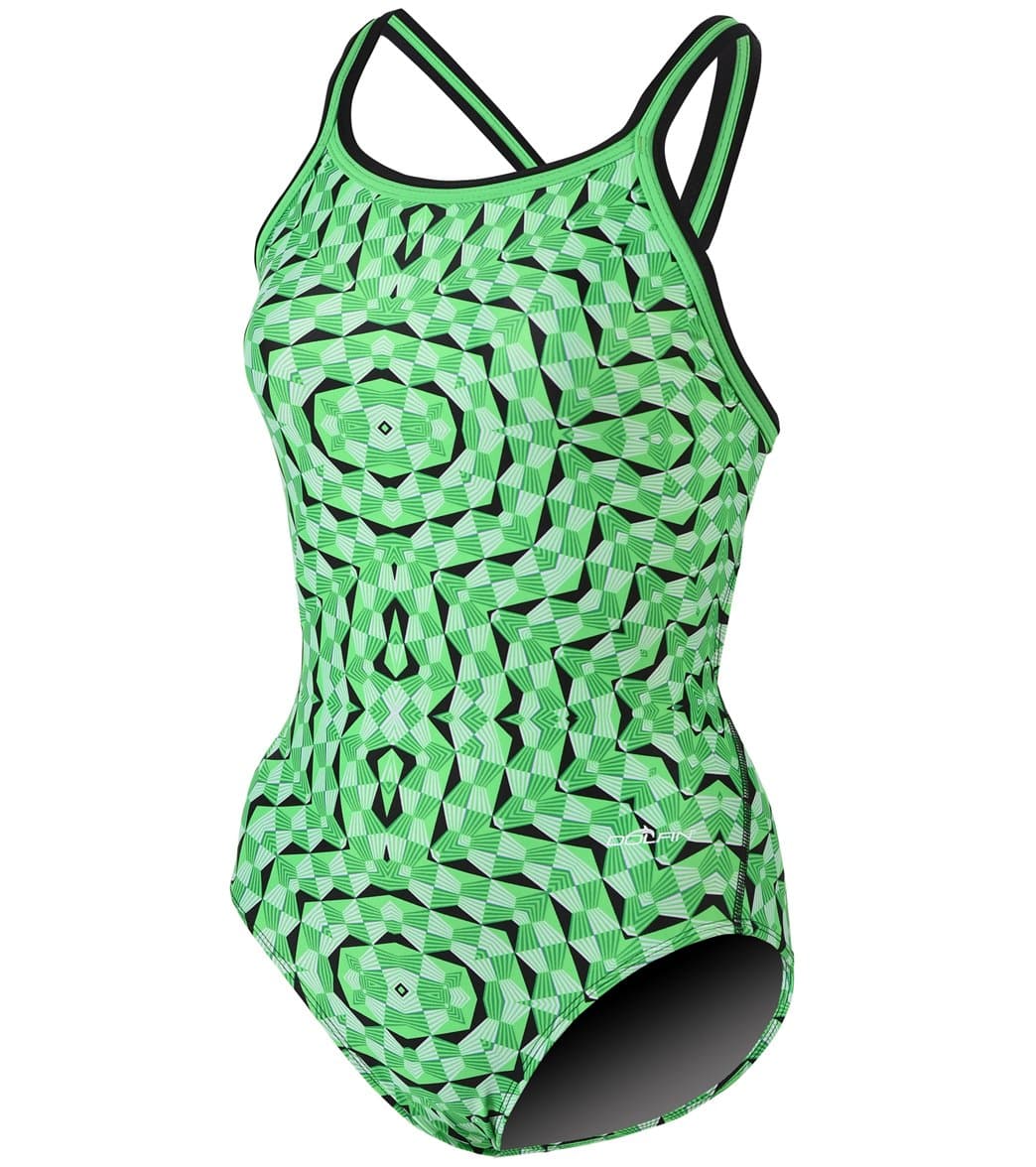 Dolfin Girls' Optik DBX Back One Piece Swimsuit Green Optik