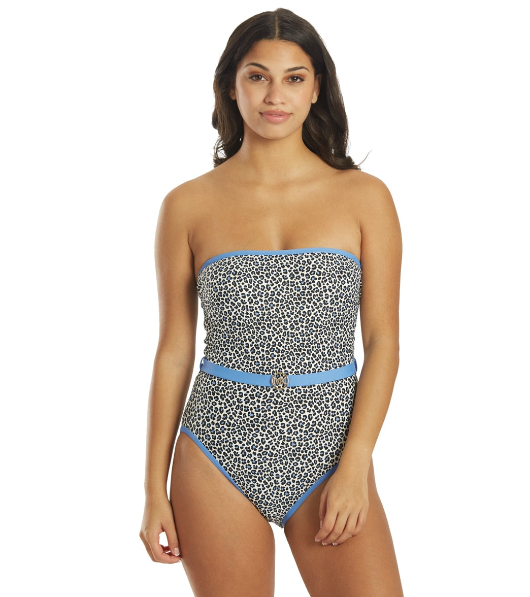 Michael Kors Women's Mini Leopard Belted Bandeau One Piece Swimsuit