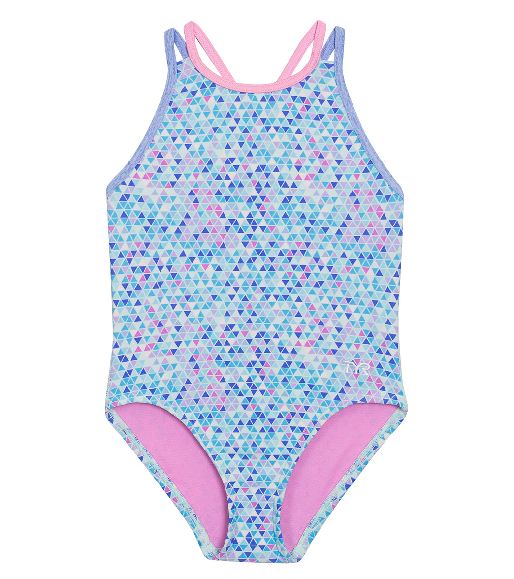 TYR Girls' Oliviafit Durafast Elite Print One Piece Swimsuit (Little Kid, Big Kid) Blue/Multi