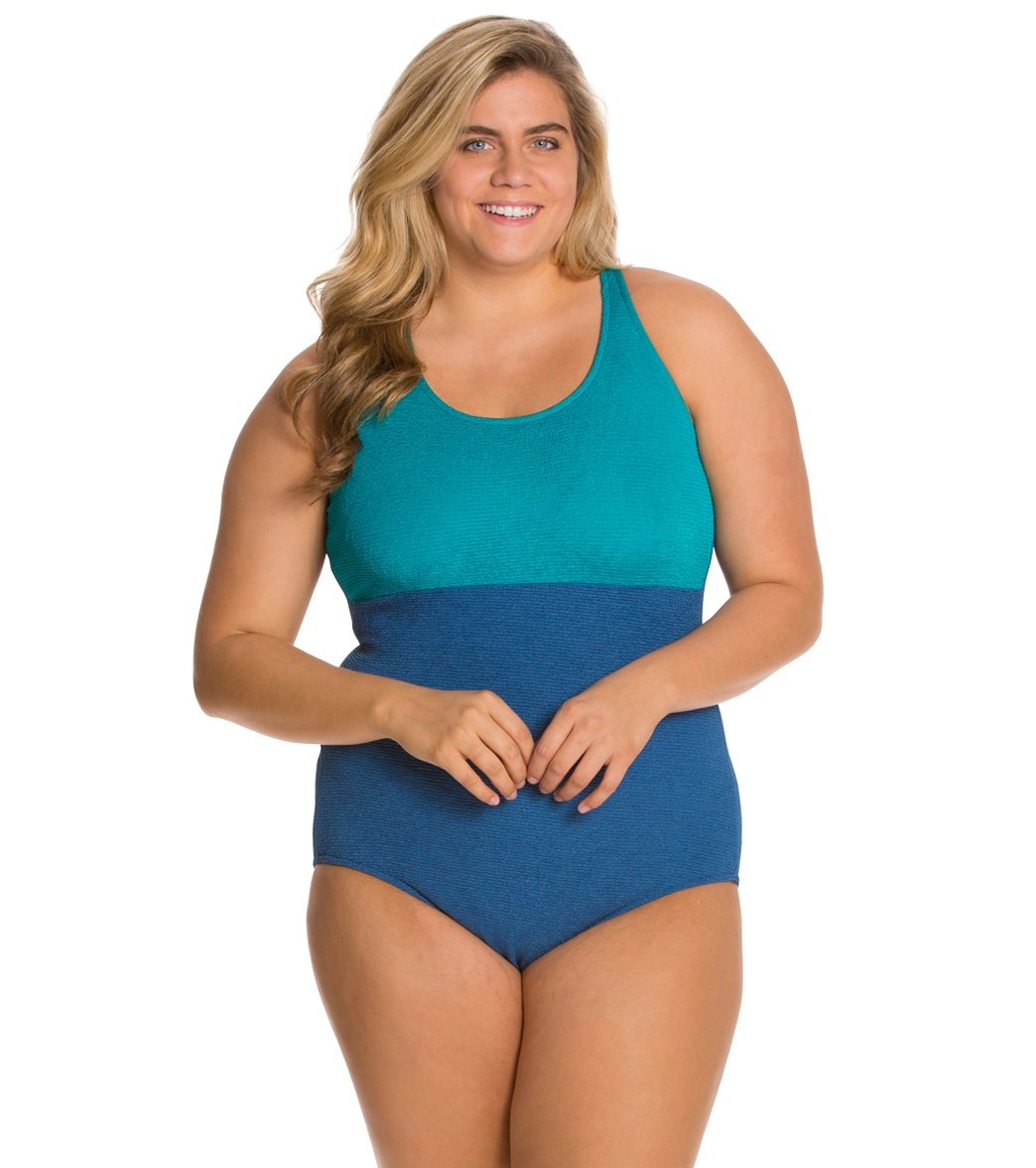 Sporti Textured Chlorine Resistant High Neck Colorblock One Piece Slimsuit Navy/Teal