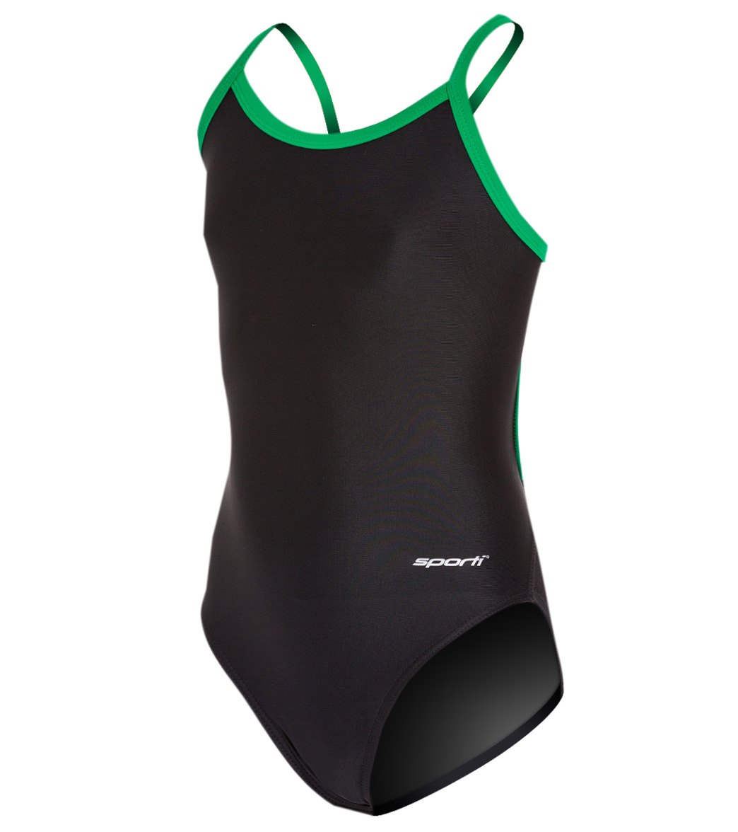 Sporti Solid Piped Thin Strap One Piece Swimsuit Youth (22-28) Black/Green