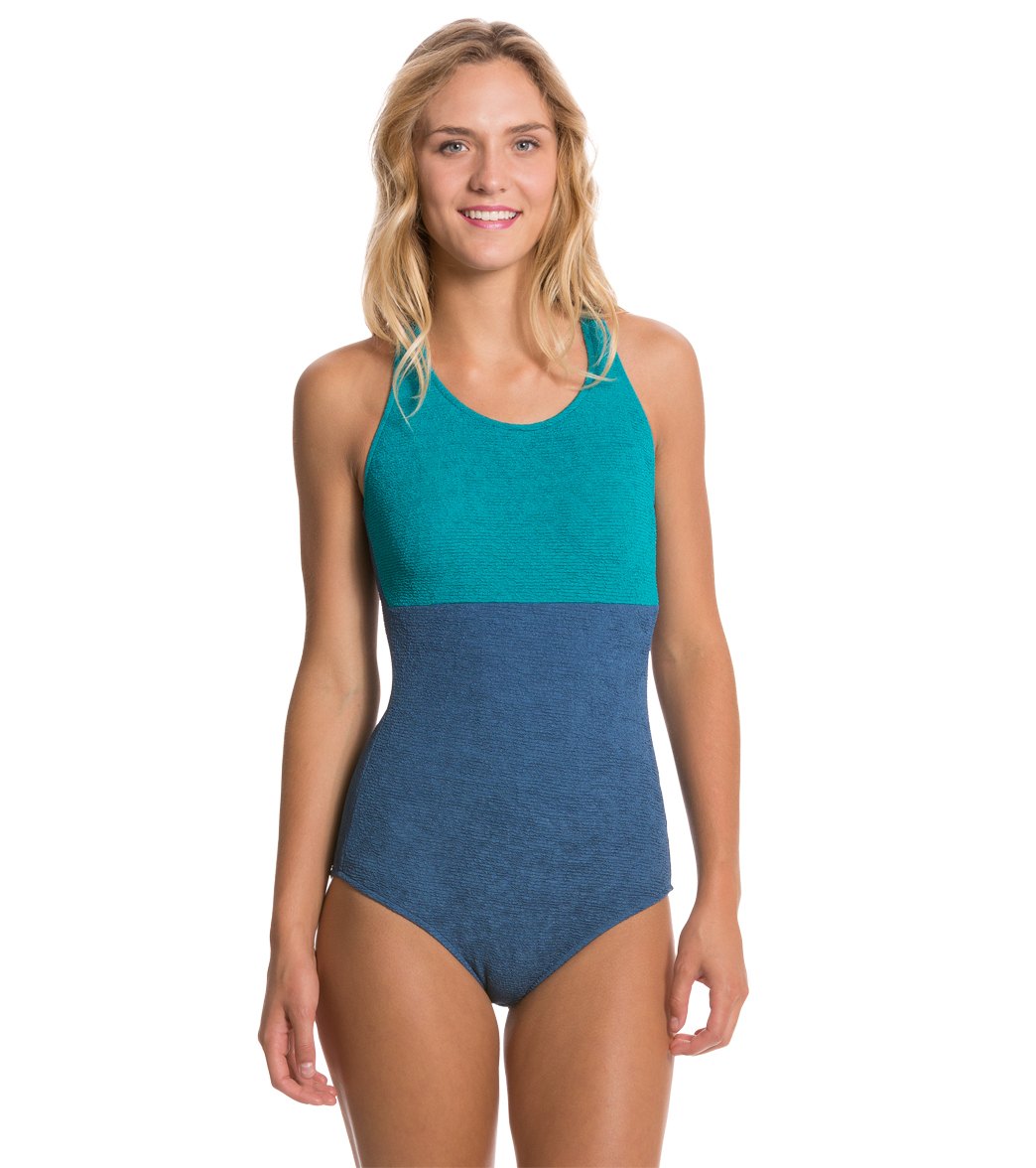 Sporti Textured Chlorine Resistant High Neck Colorblock One Piece Slimsuit Navy/Teal