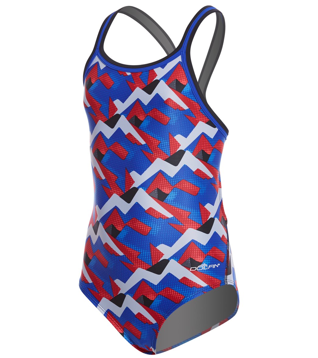 Dolfin XtraSleek Eco Girls' Denali DBX Back One Piece Swimsuit Red/White/Blue