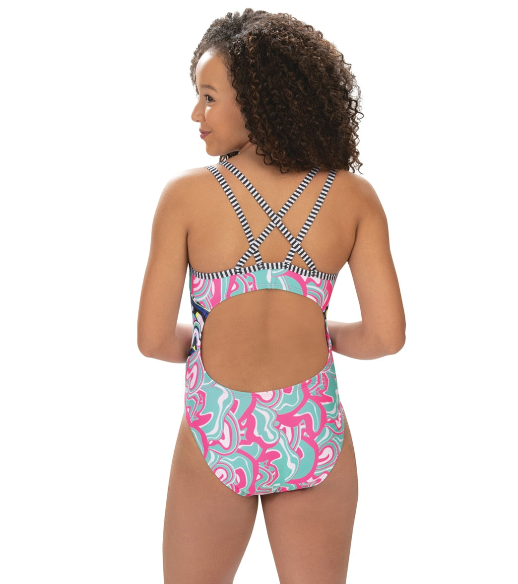 Dolfin Uglies Women's Mixed Print Double Strap Open Keyhole Back One Piece Swimsuit