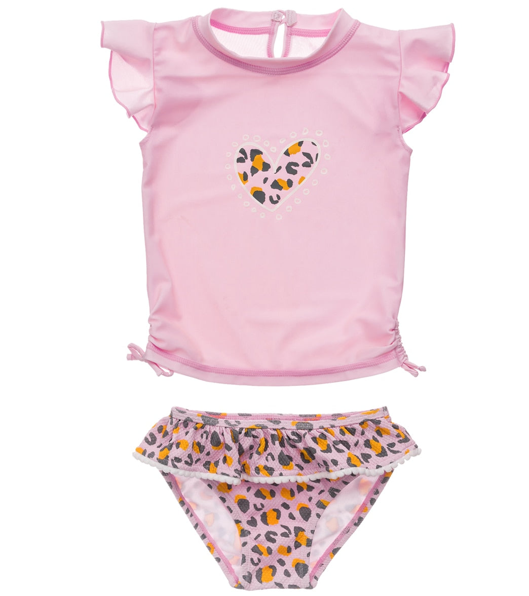 Snapper Rock Girls' Leopard Love Short Sleeve Two Piece Ruffle Rash Guard Set (Baby, Toddler) Pink