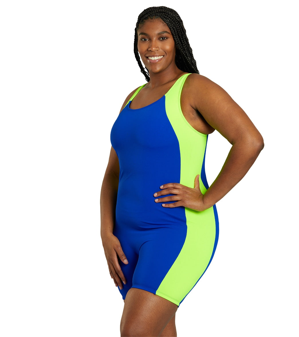 Sporti Plus Size HydroLast Chlorine Resistant Splice Scoop Back Unitard One Piece Swimsuit Cobalt Blue/Neon Lime