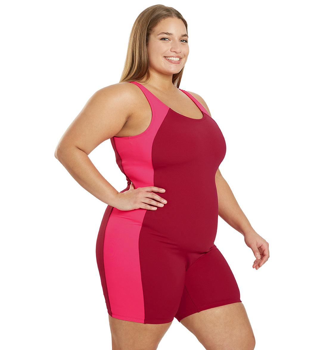 Sporti Plus Size HydroLast Chlorine Resistant Splice Scoop Back Unitard One Piece Swimsuit Bordeaux/Peony