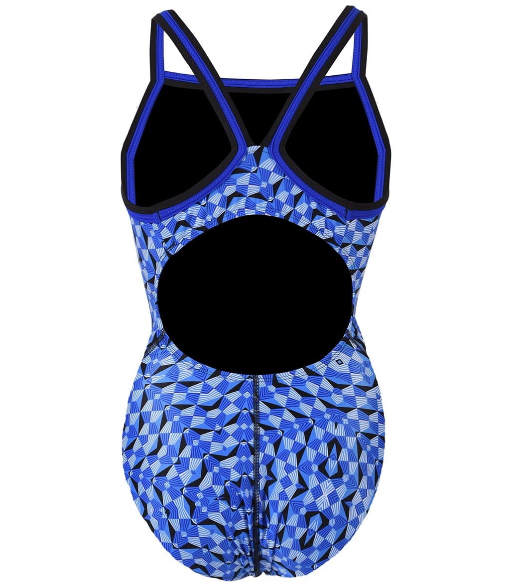 Dolfin Girls' Optik DBX Back One Piece Swimsuit Blue Optik