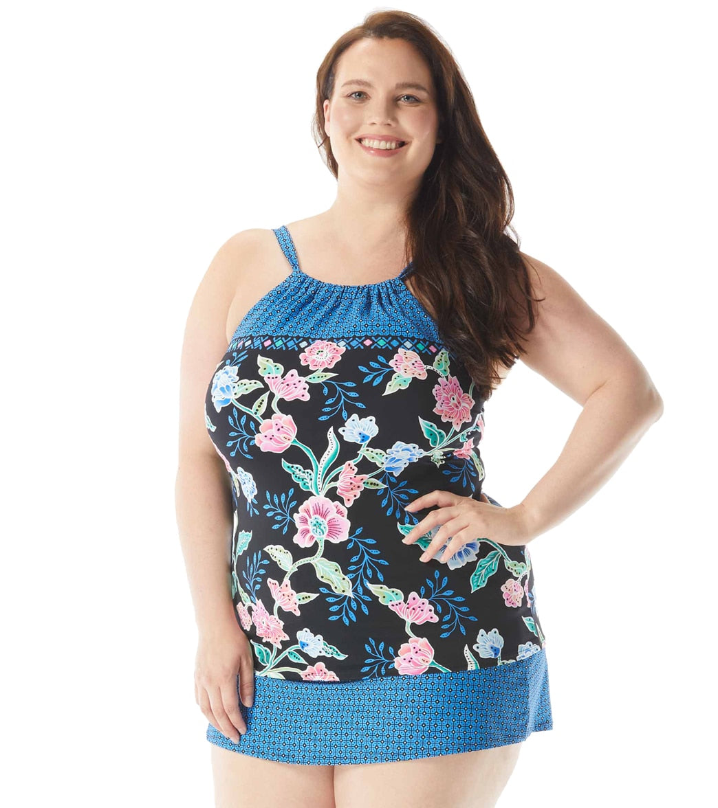 Beach House Women's Plus Size Floral Fantasy Blair Tankini Top Blk/mlt