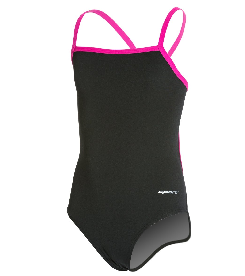 Sporti HydroLast Piped Thin Strap One Piece Swimsuit Youth (22-28) Black/Hot Pink